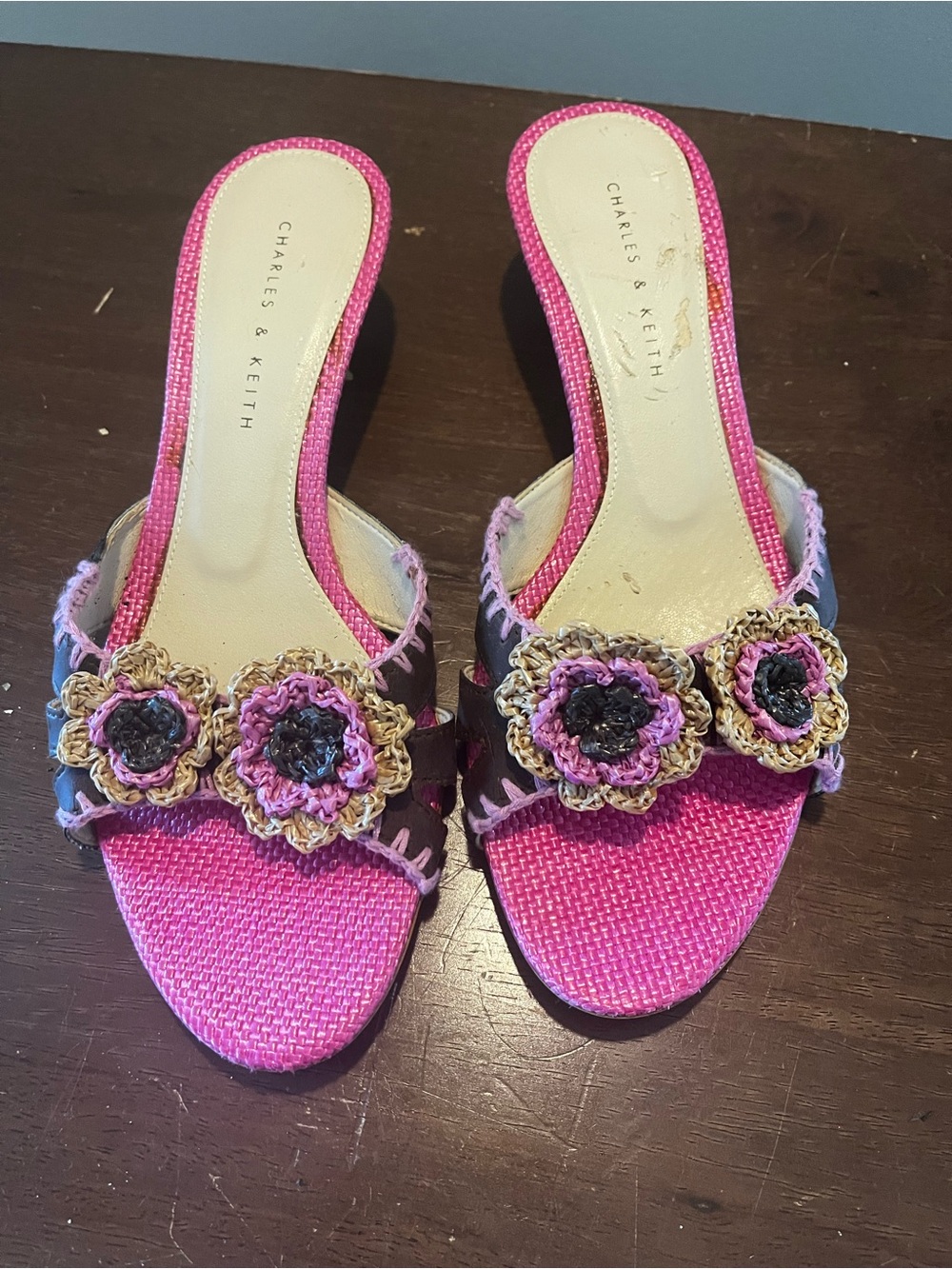 Charles & Keith Hot Pink Floral Crochet Slide Mules